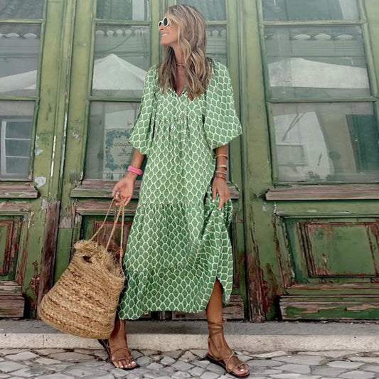 Eva - Luxe Boho Maxi Jurk met Lantaarnmouwen